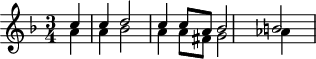 
\header {
  tagline = ##f
}

\score {
  \new Staff \with {

  }
<<
  \relative c'' {
    \key f \major
    \time 3/4
    \override TupletBracket #'bracket-visibility = ##f 
    %\autoBeamOff

     %%%%%%% K 82
     \partial 4
     << { c4 c d2 c4 c8[ a] bes2 b! } \\ { a4 a bes2 a4 a8[ fis] g2 aes4  } >>
  }
>>
  \layout {
    \context {
      \remove "Metronome_mark_engraver"
    }
  }
  \midi {}
}
