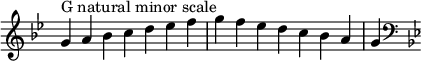  {
\override Score.TimeSignature #'stencil = ##f
\relative c'' {
 \clef treble \key g \minor \time 7/4
 g4^\markup "G natural minor scale" a bes c d es f g f es d c bes a g
 \clef bass \key g \minor
} }
