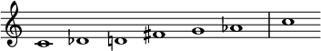  {
\override Score.TimeSignature #'stencil = ##f
\set Score.tempoHideNote = ##t
\tempo 1 = 120
\relative c' { 
  \cadenzaOn
  c1 des d fis g aes \bar "|" c
} }
