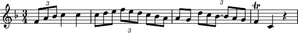 
\header {
  tagline = ##f
}

\score {
  \new Staff \with {

  }
<<
  \relative c' {
    \key f \major
    \time 3/4
    \override TupletBracket #'bracket-visibility = ##f 
    %\autoBeamOff

     %%%%%%%%%%%%%%%%%%%%%%%%%% K15m
     \times 2/3 { f8 a bes } c4 c \times 2/3 { c8 d e f e d c bes a } a8 g \times 2/3 { d'8 c bes~ bes a g } f4\trill c r4

  }
>>
  \layout {
    \context {
      \remove "Metronome_mark_engraver"
    }
  }
  \midi {}
}
