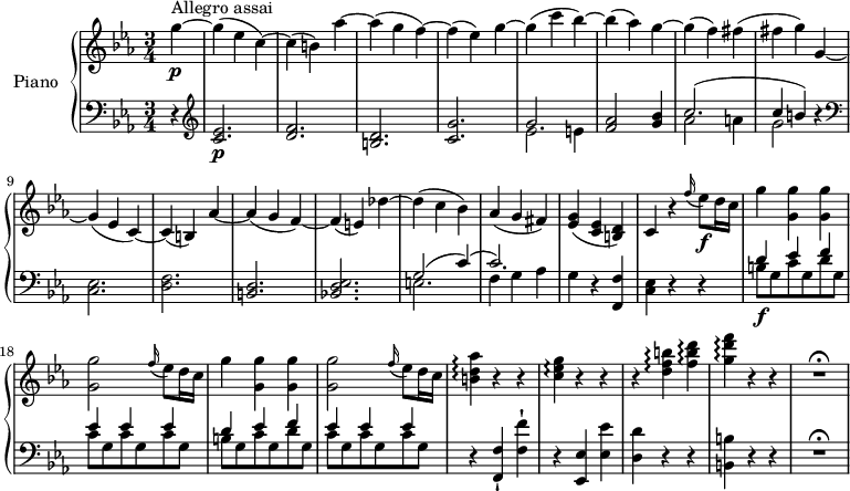 
\version "2.18.2"
\header {
  tagline = ##f
}
upper = \relative c' {
  \clef treble 
  \key ees \major
  \time 3/4
  \tempo "Allegro assai"
  \tempo 4 = 200
  %\autoBeamOff

  % Incipit Mozart, sonate K.457
     \partial 4 g''4 \p ^ \markup {Allegro assai } ~ g (ees c) 
       ~ c (b) aes' ~ 
       aes (g f) ~ f (ees) g ~
       g (c bes) ~ bes (aes) g ~
       g (f)  fis (fis g)
       g, ~ g (ees c) ~
       c (b) aes' ~ aes (g f)
       ~ f (e) des' ~ des (c bes)
       aes (g fis)
       <ees g> (<c ees> <b d>)
       c4 r \grace f'16 (ees8)\f d16 c
       g'4 <g, g'> <g g'> <g g'>2 \grace f'16 (ees8) d16 c
       g'4 <g, g'> <g g'> <g g'>2 \grace f'16 (ees8) d16 c
      <b d aes'>4 \arpeggio r r
      <c ees g>\arpeggio r r
      r <d f b>\arpeggio <f b d>\arpeggio
      <g d' f>\arpeggio r r R2.^\fermata
  
}

lower = \relative c' {
  \clef bass
  \key ees \major
  \time 3/4
     \partial 4 r4
     \clef treble <c ees>2.  \p <d f>
     <b d> <c g'> << { \stemDown ees2  e4} \\ {  \stemUp g2. } >>
     <f aes>2 <g bes>4
     << { \stemDown aes2  a4 g2} \\ {  \stemUp c2.  ^ (c4 b) } >> r4 \clef bass
     <c,, ees>2. <d f> <b d> <bes! d es>
    << { \stemDown e!2.  f4 g aes} \\ {  \stemUp g2 ^(c4)  ^ (c2.) } >>
    g4 r <f, f'>
       <c' es> r r
  << { \stemDown b'8\f g  c g d' g, c g c g c g b g c g d' g, c g c g c g } \\ {  \stemUp d'4 ees f  ees ees ees  d ees f ees ees ees } >>
  r4 <f,, f'>-! <f' f'>-!
  r <ees, ees'> <ees' ees'>
  <d d'> r r <b b'> r r
  R2.^\fermata
} 

\score {
  \new PianoStaff <<
    \set PianoStaff.instrumentName = #"Piano"
    \new Staff = "upper" \upper
    \new Staff = "lower" \lower
  >>
  \layout {
    \context {
      \Score
      \remove "Metronome_mark_engraver"
    }
  }
  \midi { }
}
