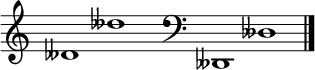 
\new Staff \with
{
  \omit TimeSignature
  fontSize = #2
  \override StaffSymbol.staff-space = #1.25
  \override StaffSymbol.thickness = #1.25
  \override Clef.full-size-change = ##t
  \override BarLine.hair-thickness = #2.4
  \override BarLine.thick-thickness = #7.5
  \override BarLine.kern = #3.75
  \override BarLine.transparent = ##t
}
{
  \time 18/8
  \clef treble
  s8
  deses'1 deses''
  s8
  \grace s8
  \clef bass
  \bar "|"
  s8
  deses,1 deses
  \override Staff.BarLine.transparent = ##f
  \bar "|."
}
