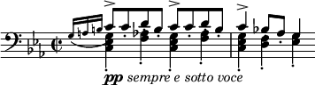 \relative c' { \new Staff {
\time 2/2 \key c \minor \tempo "Allegro" \clef "bass"
\once \omit Score.MetronomeMark \tempo 2 = 80
<< \new Voice \relative c' { \stemUp
  \grace { g16( a b } \stemUp c8-.^>[) c-. d-. b-.] c-.^> c-. d-. b-. | c4^> bes!8-. aes-. g4
} \\ \new Voice \relative c { \voiceTwo
  <c es g>4-.-\markup{\dynamic "pp" \italic "sempre e sotto voce"} <f as>-. <c es g>-. <f as>-. | <c es g>-. <d f>-. <es g>-.
} 
>>
} }