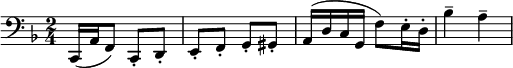 
 \relative c 
{
\clef bass \key f \major \time 2/4 c,16( a' f8) c-. d-. e-. f-. g-. gis-. a16( d c g f'8) e16-. d-. bes'4-- a--
}
