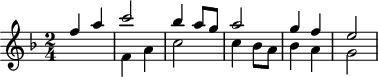 
\header {
  tagline = ##f
}

\score {
  \new Staff \with {

  }
<<
  \relative c'' {
    \key f \major
    \time 2/4
    \override TupletBracket #'bracket-visibility = ##f 
    %\autoBeamOff

     %%%%%%%%%%%%%%%%%%%%%%%%%% K15h
     << { f4 a c2 bes4 a8 g a2 g4 f e2 } \\ { s2 f,4 a c2 c4 bes8 a bes4 a g2 } >>

  }
>>
  \layout {
    \context {
      \remove "Metronome_mark_engraver"
    }
  }
  \midi {}
}
