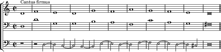 
\new ChoirStaff <<
   \new Staff <<
    \set Score.tempoHideNote = ##t
    \tempo 2 = 88
    \time 2/2
    \set Score.skipBars = ##t
         \relative c'
         { d1^"Cantus firmus" f e d g f a g f e \override NoteHead.style = #'baroque d\breve \bar "||" }
          >>

    \new Staff <<
              \clef "bass"
              \relative c { d1 d' g, g b a f c' a g \override NoteHead.style = #'baroque fis\breve }
     >>

    \new Staff <<
              \clef "bass"
              \relative c { r1 r2 d ~ d c ~ c b ~ b e ~ e d ~ d f ~ f e ~ e d ~ d cis \override NoteHead.style = #'baroque d\breve }
     >>
 >>
