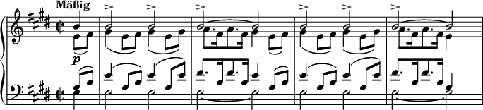 
\header {
  tagline = ##f }

global = {
  \key e \major
  \time 2/2
}

trebleOne = {
  \relative c'' {
    \global
    \tempo "Mäßig"
        \partial 4 b4 | b2-> b-> | b~-> b | b-> b-> | b~-> b
  }
}

trebleTwo = {
  \relative c' {
    \global
        \partial 4 e8\p( fis) | gis4( e8 fis) gis4( e8 gis) | a8.[ fis16 a8. fis16] gis4 e8( fis) | gis4( e8 fis) gis4( e8 gis) | a8.[ fis16 a8. fis16] e4
  }
}

bassOne = {
  \relative c' {
    \global
        \partial 4 gis8( b) | e4( gis,8 b) e4( gis,8 e') | fis8.[ b,16 fis'8. b,16] e4 gis,8( b) | e4( gis,8 b) e4( gis,8 e') | fis8.[ b,16 fis'8. b,16] gis4
  }
}

bassTwo = {
  \relative c {
     \global
        \partial 4 e4 | e2 e | e~ e | e e | e~ e
  }
}
\score {
  \new PianoStaff <<
    \new Staff { <<
        \clef treble
        \new Voice {
          \voiceOne
          \trebleOne
        }
        \new Voice {
          \voiceTwo
          \trebleTwo
        }
      >>
    }

    \new Staff { <<
        \clef bass
        \new Voice {
          \voiceOne
          \bassOne
        }
        \new Voice {
          \voiceTwo
          \bassTwo
        }
      >>
    }
   >>

  \layout {
    indent = #0
    \context {
      \Score
      \remove "Bar_number_engraver"
    }
  }
  \midi {}
}
