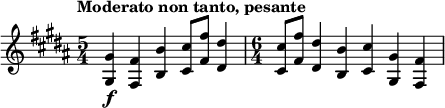 
\relative c' {
  \tempo "Moderato non tanto, pesante"
  \set Score.tempoHideNote = ##t \tempo 4 = 96
  \key b \major
  \clef treble
  \bar ""
  \time 5/4 <gis gis'>\f <fis fis'> <b b'> <cis cis'>8 <fis fis'> <dis dis'>4
  \time 6/4 <cis cis'>8 <fis fis'> <dis dis'>4 <b b'> <cis cis'> <gis gis'> <fis fis'>)
}
