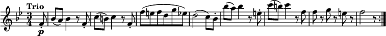 
\relative c' {
  \version "2.18.2"
  \tempo "Trio"
  \key bes \major
  \time 3/4
  \partial 8 f8-.\p 
  bes (a) bes4 r8  f8-.
  c' (b) c4 r8 f,8-.
  f' (e f d g ees)
  d2 (c8) bes8-.
  bes' (a) bes4 r8 e,8-.
  c' (b) c4 r8 f,8
  f r8 g r8 e! r8
  f2 r8 \bar ":|."
}
