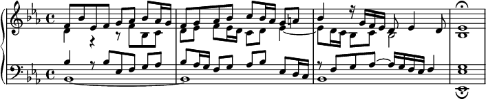 
\version "2.18.2"
\header {
  tagline = ##f
}
upper = \relative c'' {
  \clef treble 
  \key ees \major
  \time 4/4
  \tempo 4 = 60
  \set Staff.midiInstrument = #"organ"

   %% Fischer, fin de la fugue en mi-bémol
   << { f,8 bes ees, f g aes bes aes16 g } \\ { d4 r4 r8 f8 bes, c  } >>
   << { f8 g aes bes c bes16 aes g8 a } \\ { d,8 ees f ees16 d c8 d ees4~ } >>
   << { bes'4 r16 g f ees d8 ees4 d8 } \\ { ees8 d16 c bes8 c bes2 } >>
   << { ees1\fermata } \\ { bes1 } >>
   

}

lower = \relative c {
  \clef bass
  \key ees \major
  \time 4/4
  \set Staff.midiInstrument = #"organ"

   << { bes'4 r8 bes8[ ees, f] g aes } \\ { bes,1~ } >>
   << { bes'8 aes16 g f8 g aes bes ees, d16 c } \\ { bes1 } >>
   << { r8 f'8 g aes~ aes16 g f ees f4 } \\ { bes,1 } >>
   << { g'1 } \\ { < ees ees, >1\fermata } >>
}

\score {
  \new PianoStaff <<
    \new Staff = "upper" \upper
    \new Staff = "lower" \lower
  >>
  \layout {
    \context {
      \Score
      \remove "Metronome_mark_engraver"
    }
  }
  \midi { }
}
