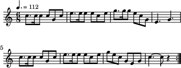 
\header { tagline = ##f }
\score {
  \new Staff \with{ \magnifyStaff #3/4 }{
    \transposition a
    \override Score.MetronomeMark.font-size = #-2
    \tempo 4. = 112
    \time 6/8 
    %\set Staff.midiInstrument = #"trumpet"
    \override Score.SpacingSpanner #'common-shortest-duration = #(ly:make-moment 1 8)
    \new Voice {
        \repeat volta 2 { 
          \relative c'' {c8. c16 c8 c g c e8. e16 e8 e c e g8. g16 g8 e c g e4. g 
                         c8. c16 c8 c g c e8. e16 e8 e c e g8 e c g e g c4.~ c8 r4 }
        }
    }
  }
  \layout {indent = 0\mm line-width = 90\mm}
}
\score {
  \new Staff {
    \transposition a
    \tempo 4. = 112
    \time 6/8 
    %\set Staff.midiInstrument = #"trumpet"
    \new Voice {
      \unfoldRepeats {
        \repeat volta 2 { 
          \relative c'' {c8. c16 c8 c g c e8. e16 e8 e c e g8. g16 g8 e c g e4. g 
                         c8. c16 c8 c g c e8. e16 e8 e c e g8 e c g e g c4.~ c8 r4 }
        }
      }
    }
  }
  \midi {}
}