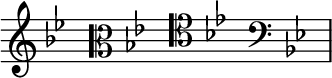 { \new Staff \with{ \magnifyStaff #3/2 } << \time 4/16 \override Score.TimeSignature #'stencil = ##f { \clef treble \key bes \major s16 \clef alto \key bes \major s16 \clef tenor \key bes \major s16 \clef bass \key bes \major s16 } >> }