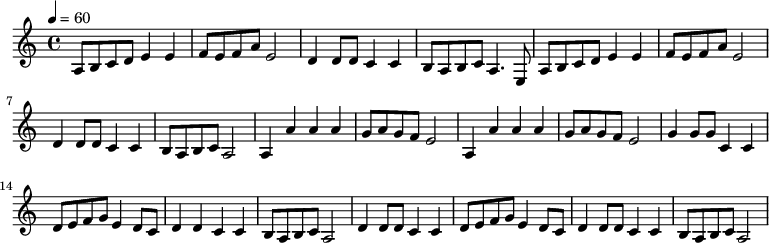 
\relative c' {
\tempo 4=60
a8 b c d e4 e
f8 e f a e2
d4 d8 d c4 c
b8 a b c a4. e8
a b c d e4 e
f8 e f a e2
d4 d8 d c4 c
b8 a b c a2
a4 a' a a
g8 a g f e2
a,4 a' a a
g8 a g f e2
g4 g8 g c,4 c
d8 e f g e4 d8 c
d4 d c c
b8 a b c a2
d4 d8 d c4 c
d8 e f g e4 d8 c
d4 d8 d c4 c
b8 a b c a2
}