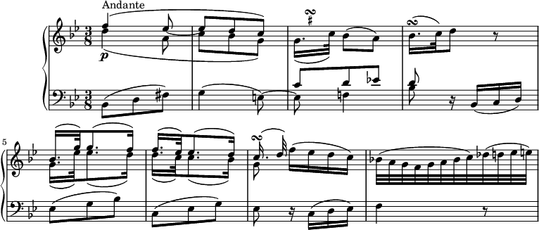 
\version "2.18.2"
\header {
  tagline = ##f
}
upper = \relative c' {
         \clef "treble" 
         \tempo "Andante"
         \key bes \major
         \time 3/8 
         \tempo 4 = 50
         <<{\stemDown d'4\p _ (a8 c bes g) } \\ { \stemUp f'4 ^\markup {Andante} ^  ( ees8 ~ ees d c) }>>
          \transpose f g  \relative c' <<
         { \stemDown f16. _ ([b32]) }
         {s32
           \once \set suggestAccidentals = ##t
           \once \override AccidentalSuggestion.outside-staff-priority = ##f
           \once \override AccidentalSuggestion.avoid-slur = #'inside
           \once \override AccidentalSuggestion.font-size = -3
           \once \override AccidentalSuggestion.script-priority = -1
           \single \hideNotes
           b16-\turn \noBeam
           s32
       } >>  bes8 (a)
       bes16. \turn (c32) d8 r
       <<{\stemDown g,16. _ (ees'32) ees8. _ (d16) d16. _ (c32) c8. _ (bes16) g8} \\ 
       {\stemUp bes16. ^ ( g'32) g8. ^(f16) f16. ^(ees32) ees8. ^(d16) c16. ^ \turn ^(d32)}>> 
       f16 (ees d c)
       bes!32 (a g f g a bes c) des (d ees e)
}

lower =\relative c {      
         \clef "bass" 
         \key bes \major
         \time 3/8
     bes8 (d fis)
     <<{\stemDown g4 (e8) ~ e f!4 bes8} \\ { \stemUp s4. c8 d ees! d8 }>>
     r16 bes, (c d)
     ees8 (g bes)
     c, (ees g)
     ees r16 c (d ees)
     f4 r8
  }     
\score {
  \new PianoStaff <<  
    \new Staff = "upper" \upper
    \new Staff = "lower" \lower
  >>
  \layout {
    \context {
      \Score
      \remove "Metronome_mark_engraver"
    }
  }
  \midi { }
}
