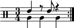 
    \new DrumStaff <<
       \new voice \drummode { 
           \set Score.tempoHideNote = ##t \tempo 4 = 120
           \time 3/4
           \stemUp \repeat volta 2 { tommh4 r8 tommh r4 }
       }
       \new voice \drummode {
           \stemDown \repeat volta 2 { tomfh4 tomfh tomfh }
       }
   >>
