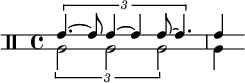 
<< \relative c' {
   \override Staff.StaffSymbol.line-positions = #'(-2 2)
   \clef percussion
   \time 4/4
   \tuplet 3/2 { e4.~ e8 e4~ e e8~ e4. } e4
} \\ \relative c' {
   \tuplet 3/2 { a2 a a } a4
}
>>
