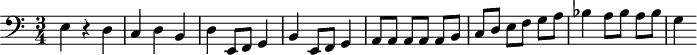 
\header {
  tagline = ##f
}

\score {
  \new Staff \with {

  }
<<
  \relative c {
  \clef bass
    \key c \major
    \time 3/4
    \tempo 4 = 110
    \override TupletBracket #'bracket-visibility = ##f 
    %\autoBeamOff
    \set Staff.midiInstrument = #"string ensemble 1"

     %%%%%%%%%%%%%%%%%%%%%%%%%% 5e chosta premier thème {{2e|mouvement}}
     e4 r4 d4 c d b d e,8 f g4 b e,8 f g4 a8[ a] a a a[ b] c d e[ f] g a bes4 a8[ bes] a bes g4

  }
>>
  \layout {
    \context {
      \Score
      \remove "Metronome_mark_engraver"
    }
  }
  \midi {}
}
