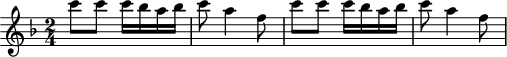 
\header {
  tagline = ##f
}

\score {
  \new Staff \with {

  }
<<
  \relative c'' {
    \key f \major
    \time 2/4
    \override TupletBracket #'bracket-visibility = ##f 
    %\autoBeamOff

     %%%%%%%%%%%%%%%%%%%%%%%%%% K33b
     c'8 c c16 bes a bes c8 a4 f8 c' c c16 bes a bes c8 a4 f8

  }
>>
  \layout {
    \context {
      \remove "Metronome_mark_engraver"
    }
  }
  \midi {}
}
