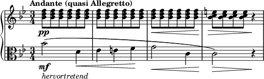 
\relative c'' {
 \new PianoStaff <<
  \new Staff {
   \set Staff.midiInstrument = #"piano" \key bes \major \clef treble \time 3/4 \set Score.tempoHideNote = ##t \tempo "Andante (quasi Allegretto)" 4 = 56
   <bes d f>8 \pp <bes d f>8 <bes d f>8 <bes d f>8 <bes d f>8 <bes d f>8 |
   <bes d f>8 <bes d f>8 <bes d f>8 <bes d f>8 <bes d f>8 <bes d f>8 |
   <bes d f>8 \< <bes d f>8 <bes d f>8 <bes d f>8 <bes d f>8 <bes d f>8 |
   <bes c e>8 \! \> <bes c e>8 <bes c e>8 <bes c e>8 r4 \! |
  }
  \new Staff {
   \set Staff.midiInstrument = #"piano" \key bes \major \clef alto \time 3/4
   bes2 \mf _\markup{ \italic { hervortretend } } ( d,4 \< |
   es4 e4 f4 \! |
   g2 \< c,4 |
   c2 \! \> ) r4 \! |
  }
 >>
}
