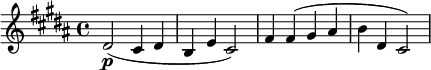 
\relative c' { \set Staff.midiInstrument = #"string ensemble 1"
  \key b \major \set Score.tempoHideNote = ##t \tempo 4 = 60
  dis2(\p cis4 dis |
  b4 e cis2) |
  fis4 fis( gis ais |
  b4 dis, cis2) |
}
