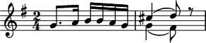 
\header {
  tagline = ##f
}

\score {
  \new Staff \with {

  }
<<
  \relative c'' {
    \key g \major
    \time 2/4
    \override TupletBracket #'bracket-visibility = ##f 
    \autoBeamOff

     %%%%%%%%%%% K 63
     g8.[ a16] b16[ b a g]
<<  { cis4( d8) r8 } \\ { g,4( fis8) s8 } >>

  }
>>
  \layout {
    \context {
      \remove "Metronome_mark_engraver"
    }
  }
  \midi {}
}
