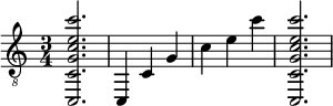  {
\clef "treble_8"
\time 3/4
<c, c g c' e' c''>2.
<c, >4
<c >4
<g  >4
<c' >4
<e' >4
<c'' >4
<c, c g c' e' c''>2.
}
