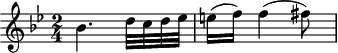 
\header {
  tagline = ##f
}

\score {
  \new Staff \with {

  }
<<
  \relative c'' {
    \key bes \major
    \time 2/4
    \override TupletBracket #'bracket-visibility = ##f 
    %\autoBeamOff

     %%%%%%%%%%%%%%%%%%%%%%%%%% K9&/5a
         bes4. d32 c d ees
         e16 (f) f4 (fis8)

  }
>>
  \layout {
    \context {
      \remove "Metronome_mark_engraver"
    }
  }
  \midi {}
}
