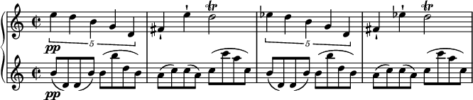 
{ \new PianoStaff <<
\new Staff \relative e'' { \set Staff.midiInstrument = #"piano" \key c \major \clef treble \time 2/2 \set Score.tempoHideNote = ##t \tempo 2 = 43
  \times 4/5 {
    e4\pp d4 b4 g4 d4
  }
  | % 2
  fis4 -! e'4 -! d2 \trill | % 3
  \times 4/5  {
    es4 d4 b4 g4 d4
  }
  | % 4
  fis4 -! es'4 -! d2 \trill
  }
\new Staff \relative b' { \set Staff.midiInstrument = #"piano" \key c \major \clef treble \time 2/2
  b8\pp ( d,8 ) d8 ( b'8 ) b8 (
  b'8 d,8 b8 ) | % 2
  a8 ( c8 ) c8 ( a8 ) c8 ( c'8 a8 c,8 ) | % 3
  b8 ( d,8 ) d8 ( b'8 ) b8 ( b'8 d,8 b8 ) | % 4
  a8 ( c8 ) c8 ( a8 ) c8 ( c'8 a8 c,8 ) }
>> }
