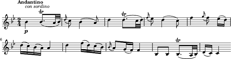 
\relative c' {
    \version "2.18.2"
    \clef "treble" 
    \tempo "Andantino" 
    \key bes  \major
    \time 2/4
   bes'4 \p^\markup {\italic {con sordino}} bes8. \trill  (a32 bes)
   \grace d16 (c8) bes4 (a8)
   d4 d8. \trill  (c32 d)
   \grace f16 (ees8) d4 (c8)
   f4 \grace g16 (f8) ees16 [(d)]
   d (c) bes (a) a4
   d4 f16 (d) c (bes)
   \grace bes16 (a8) g16 (f) f4
   bes,8 bes  bes8. \trill  (a32 bes)
   d16 (c) c4
}
