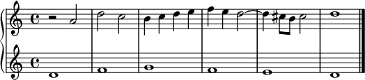 
\relative c' {
\new PianoStaff <<
\new Staff {
r2 a' d c b4 c d e f e d2~ d4 cis8 b cis2 d1 \bar "|."
}
\new Staff {
d, f g f e d \bar "|."
}
>>
}
