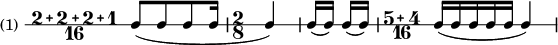 
 { \new RhythmicStaff \with {instrumentName ="(1) "} \compoundMeter #'(2 2 2 1 16) [ c8-( c c c16 ] | \time 2/8 c4-) | [ c16-( c-) ] [ c-( c-) ] | \compoundMeter #'(5 4 16) [c16-( c c c c ] c4-) }
