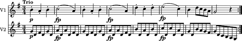 
<<
\new Staff \with { instrumentName = #"V1 "} \relative c'' {
    \version "2.18.2"
    \key g \major 
    \tempo "Trio"
    \time 3/4
    b4-.\p a-. b-.
    c2\fp (a4)
    b4-. a-. b-.
    c2\fp (a4)
    d4-. c-. d-.
    e2\fp (c4)
    b d8 c b a
    g2 r4 \bar ":|."
}
\new Staff \with { instrumentName = #"V2 "} \relative c'' {
    \key g \major 
    \time 3/4
     g8 \p d fis d g d
    a' \fp d, a' d, fis d
     g  d fis d g d
     a' \fp d, a' d, fis d
     b'  d, a' d, b' d,
     c' \fp d, c' d, a' d,
     g d b' a g fis
     g d c b a g \bar ":|."
}
>>
