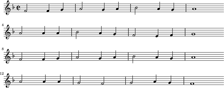 
\new Staff <<
\clef treble \key f \major {
      \time 2/2 \partial 1
      \relative f' {
	f2 f4 g | a2 g4 a | bes2 a4 g | a1 \bar"" \break
        a2 a4 a | bes2 a4 g | f2 e4 f | g1 \bar"" \break
        f2 f4 g | a2 g4 a | bes2 a4 g | a1 \bar"" \break
        a2 a4 a | g2 f | g2 a4 g | f1 \bar"" \break
      }
    }
%\new Lyrics \lyricmode {
%}
>>
\layout { indent = #0 }
\midi { \tempo 2 = 54 }
