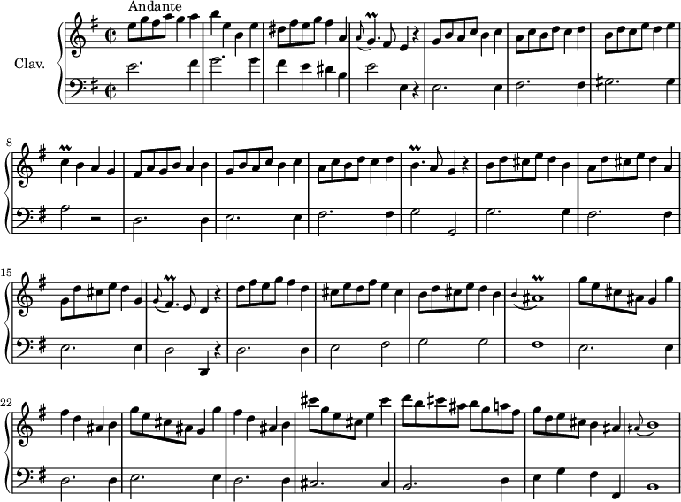 
\version "2.18.2"
\header {
  tagline = ##f
  % composer = "Domenico Scarlatti"
  % opus = "K. 291"
  % meter = "Andante"
}

%% les petites notes
trillBp      = { \tag #'print { b4.\prall } \tag #'midi { c32 b c b~ b4 } }
trillC       = { \tag #'print { c4\prall } \tag #'midi { d32 c d c~ c8 } }
trillGp      = { \tag #'print { g4.\prall } \tag #'midi { a32 g a g~ g4 } }
trillFisp    = { \tag #'print { fis4.\prall } \tag #'midi { g32 fis g fis~ fis4 } }
appoAisr     = { \tag #'print { \appoggiatura b4 ais1\prall } \tag #'midi { b2 b32 ais b ais~ ais8~ ais4 } }
appoBr       = { \tag #'print { \appoggiatura ais8 b1 } \tag #'midi { ais4 b2. } }

upper = \relative c'' {
  \clef treble 
  \key e \minor
  \time 2/2
  \tempo 2 = 82
  \set Staff.midiInstrument = #"harpsichord"
  \override TupletBracket.bracket-visibility = ##f

      s8*0^\markup{Andante}
      e8 g fis a g4 a | b e, b e | dis8 fis e g fis4 a, | \appoggiatura a8 \trillGp fis8 e4 r4 |
      % ms. 5
      g8 b a c b4 c | a8 c b d c4 d | b8 d c e d4 e | \trillC b4 a g | fis8 a g b a4 b |
      % ms. 10
      g8 b a c b4 c | a8 c b d c4 d | \trillBp a8 g4 r4 | b8 d cis e d4 b | a8 d cis e d4 a |
      % ms. 15
      g8 d' cis e d4 g, | \appoggiatura g8 \trillFisp e8 d4 r4 | d'8 fis e g fis4 d | cis8 e d fis e4 cis | b8 d cis e d4 b |
      % ms. 20
      \appoAisr | \repeat unfold 2 { g'8 e cis ais g4 g' | fis d ais b } |
      % ms. 25
      cis'8 g e cis e4 cis' | d8 b cis ais b g a fis | g d e cis b4 ais | \appoBr |

}

lower = \relative c' {
  \clef bass
  \key e \minor
  \time 2/2
  \set Staff.midiInstrument = #"harpsichord"
  \override TupletBracket.bracket-visibility = ##f

    % ************************************** \appoggiatura a16  \repeat unfold 2 {  } \times 2/3 { }   \omit TupletNumber 
      e2. fis4 | g2. g4 | fis e dis b | e2 e,4 r4 |
      % ms. 5
      e2. e4 | fis2. fis4 | gis2. gis4 | a2 r2 | d,2. d4 |
      % ms. 10
      e2. e4 | fis2. fis4 | g2 g, | g'2. g4 | fis2. fis4 |
      % ms. 15
      e2. e4 | d2 d,4 r4 | d'2. d4 | e2 fis | g g |
      % ms. 20
      fis1 | e2. e4 | d2. d4 | e2. e4 | d2. d4 |
      % ms. 25
      cis2. cis4 | b2. d4 | e g fis fis, | b1 |

}

thePianoStaff = \new PianoStaff <<
    \set PianoStaff.instrumentName = #"Clav."
    \new Staff = "upper" \upper
    \new Staff = "lower" \lower
  >>

\score {
  \keepWithTag #'print \thePianoStaff
  \layout {
      #(layout-set-staff-size 17)
    \context {
      \Score
     \override SpacingSpanner.common-shortest-duration = #(ly:make-moment 1/2)
      \remove "Metronome_mark_engraver"
    }
  }
}

\score {
  \keepWithTag #'midi \thePianoStaff
  \midi { }
}
