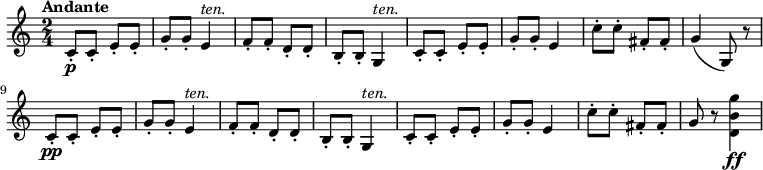 
\relative c' {
    \version "2.18.2"
     \key c \major
     \time 2/4
     \tempo "Andante"
     \tempo 4 = 60
  \set Staff.midiMinimumVolume = #0.2 \set Staff.midiMaximumVolume = #0.5
  c8-.\p  c-. e-. e-. g-. g-. e4 ^ \markup{\italic {ten.}}
  f8-. f-. d-. d-. b-. b-. g4 ^\markup{\italic {ten.}}
  c8-. c-. e-. e-. g-. g-. e4
  c'8-. c-. fis,-. fis-.
  g4 (g,8) r
  \set Staff.midiMinimumVolume = #0.1 \set Staff.midiMaximumVolume = #0.4
  c8-.\pp  c-. e-. e-. g-. g-. e4 ^ \markup{\italic {ten.}}
  f8-. f-. d-. d-. b-. b-. g4 ^\markup{\italic {ten.}}
  c8-. c-. e-. e-. g-. g-. e4
  c'8-. c-. fis,-. fis-.
  g r 
  \set Staff.midiMinimumVolume = #0.6 \set Staff.midiMaximumVolume = #1
  <d b' g'>4 \ff
}
