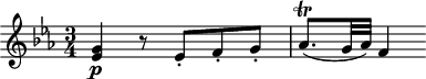 
\header {
  tagline = ##f
}

\score {
  \new Staff \with {

  }
<<
  \relative c' {
    \key ees \major
    \time 3/4
    \override TupletBracket #'bracket-visibility = ##f 
    \autoBeamOff

     %%%%%%%%%%%%%%%%%%%%%%%%%% K26
     < es g >\p r8 ees8-.[ f-. g-.] aes8.\trill[( g32 aes)] f4

  }
>>
  \layout {
    \context {
      \remove "Metronome_mark_engraver"
    }
  }
  \midi {}
}
