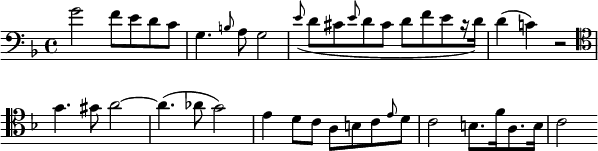   {
\relative c' { \clef bass \key f \major
  g'2 f8 e d c | g4. \grace b8 a g2 | \grace e'8( d cis \grace e d cis d[ f e r16 d16]) | d4( c!) r2 | \clef tenor g'4. gis8 a2 ~ a4.( aes8 g2) | e4 d8 c a b c \grace e d | c2 b8.[ f'16 a,8. b16] | c2
} }
\layout { \context {\Score \omit BarNumber} line-width = #150 }
