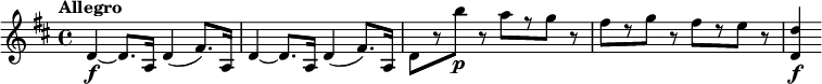 
\relative c' {
  \version "2.18.2"
  \tempo  "Allegro"
  \key d \major
  \tempo 4 = 140
  d4~\f d8. a16 d4( fis8.) a,16 |
  d4~ d8. a16 d4( fis8.) a,16 |
  d8[ r b''\p] r a[ r g] r |
  fis8[ r g] r fis[ r e] r | <d, d'>4\f
}
