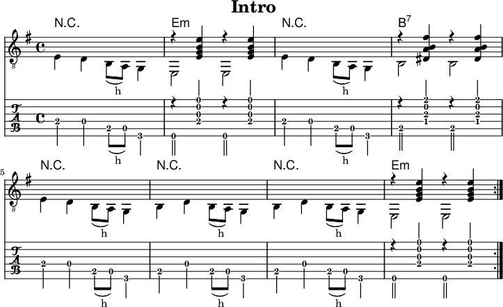 
\version "2.20.0"
\header {
  title="Intro"
  encoder="mjchael"
}

myChords = \chordmode {
  %% nur nötig, wenn Akkorde erklingen sollen.
  % \set Staff.midiInstrument = #"acoustic guitar (nylon)"
  % \set chordChanges = ##t
  r1 e1:m r b:7 r r r e:m
}

myDiskant = {
s1 r4 <e g b e'>4 r4 <e g b e'>4
s1 r4 <dis a b fis'>4 r4 <dis a b fis'>4
s1 s1 s1 r4 <e g b e'>4 r4 <e g b e'>4
}

myBass = {
 \slurDown
   e4 d b,8(_"   h" a,) g,4 e,2 2
   e4 d b,8(_"   h" a,) g,4 b,2 2
   \break
   e4 d b,8(_"   h" a,) g,4 
   b, d b,8(_"   h" a,) g,4 
   b, d b,8(_"   h" a,) g,4 e,2 2
}

% Layout
\score {
  <<
    %% Akkordnamen
    \new ChordNames {
      \chordmode { \myChords }
    }
    {
      %% Noten
      \new Staff  <<
        \tempo 4 = 120
        %% Tempo ausblenden
        \set Score.tempoHideNote = ##t
        \time 4/4
        \key e \minor
        \set Staff.midiInstrument = #"acoustic guitar (nylon)"
        \clef "G_8" \repeat volta 4
        % Noten im Diskant
        \myDiskant
        \\
        %% Noten im Bass
        \myBass
      >>
    }
    %% Tabulatur
    \new TabStaff {
      \tabFullNotation %\repeat volta 4
      <<
        %% Tabulatur im Diskant
        \myDiskant
        \\
        %% Tabulatur im Bass
        \myBass
      >>
    }
  >>
  \layout {}
}
% Midiausgabe mit Wiederholungen, ohne Akkorde
\score {
  <<
    \unfoldRepeats {
      \new Staff  <<
        \tempo 4 = 180
        \time 4/4
        \key d \major
        \set Staff.midiInstrument = #"acoustic guitar (nylon)"
        \clef "G_8" \repeat volta 4
        \myDiskant
        \\
        \repeat volta 4
        \myBass
      >>
    }
  >>
  \midi {}
}

%% unterdrückt im raw="!"-Modus das DinA4-Format.
\paper {
  indent=0\mm
  %% DinA4 0 210mm - 10mm Rand - 20mm Lochrand = 180mm
  line-width=180\mm
  oddFooterMarkup=##f
  oddHeaderMarkup=##f
  % bookTitleMarkup=##f
  scoreTitleMarkup=##f
}
