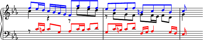 
\version "2.14.2"
\header {
  tagline = ##f
        }
upper = \relative c'' {
  \clef treble
  \override Staff.TimeSignature.transparent = ##t
  \key c \minor
  \tempo 4 = 88
       <<
         {
           \voiceOne
           \override NoteHead.color = #blue \override Stem.color = #blue \override Beam.color = #blue \override Accidental.color = #blue f8 es16 d c bes as g f8 as' g f es d es f b, c d b c
         }
         \new Voice {
           \voiceTwo
           c4 r r8 f es d r as g f g f16 es f8 d g4
         }
       >>
                }

lower = \relative c' {
  \clef bass
  \override Staff.TimeSignature.transparent = ##t
  \key c \minor

         {
           \voiceOne
           r8 \override NoteHead.color = #red \override Stem.color = #red \override Beam.color = #red \override Accidental.color = #red c16 b c8 g as c16 b c8 d g, c16 b c8 d f,16 g as4 g16 f es
         }
}

\score {
  \new PianoStaff <<
    \new Staff = "upper" \upper
    \new Staff = "lower" \lower
  >>
  \layout {
    \context {
      \Score
      \remove "Metronome_mark_engraver"
    }
  }
  \midi { }
}
