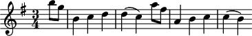 
\header {
  tagline = ##f
}

\score {
  \new Staff \with {

  }
<<
  \relative c'' {
    \key g \major
    \time 3/4
    \override TupletBracket #'bracket-visibility = ##f 
    \autoBeamOff

     %%%%%%%%%%%%%%%%%%%%%%%%%% K1e
     \partial 4 b'8[ g] b,4 c d d( c) a'8[ fis] a,4 b c c( b)

  }
>>
  \layout {
    \context {
      \remove "Metronome_mark_engraver"
    }
  }
  \midi {}
}
