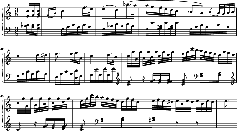 
\version "2.14.2"
\header {
  tagline = ##f
}
upper = \relative c'' {
  \clef treble 
  \key a \minor
  \time 3/8
  \tempo 4 = 68
  %\autoBeamOff
  \set Staff.midiInstrument = #"piano"
   
   \partial 8. < c e, >16 < c f, > < c g e > \grace { f,16( a) } c4 f16. e32 e8( d) 
   bes'16.( a32 a16 g f e d c bes8( a) ) 
   \acciaccatura bes8 a32[ g a bes] c4 d16 dis e8. e16[ f a,] c4  d16. b32 
   \repeat unfold 2 { c32[ g' g, g'] a,[ g' b, g'] c,[ g' d g] e[ g c b] a[ g f e] d[ g f d] }
   e32[ f e dis] e[ b e dis] e[ b e dis] e8.
   
}

lower = \relative c' {
  \clef bass
  \key a \minor
  \time 3/8
  \set Staff.midiInstrument = #"piano"
  \set Score.currentBarNumber = #36

   < c bes >16 < c a > < c g > 
   f,16 a \repeat unfold 2 { c a }  f bes \repeat unfold 2 { d bes }  f e' \repeat unfold 2 { < bes g f > e }
   \repeat unfold 2 { f,16 a \repeat unfold 2 { c a } } e16 a c a < d d, > f,
   g16 e' g, f' g, f'  \clef treble  < e c >8 r16 < g f >16 < g e > < g f e > < g e c >8 \clef bass < a, f >8[ < b g >] 
   \clef treble c8 r16 < g' f >16 < g e > < g f d > < g e c >8 \clef bass < a, f >8[ < b g > < b gis >] r8 r8 s4
}

\score {
  \new PianoStaff <<
    \set PianoStaff.instrumentName = #""
    \new Staff = "upper" \upper
    \new Staff = "lower" \lower
  >>
  \layout {
    indent = #0
    \context {
      \Score
      \remove "Metronome_mark_engraver"
\override SpacingSpanner.common-shortest-duration = #(ly:make-moment 1/2)
    }
  }
  \midi { }
}
