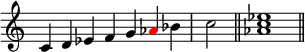 
{
\override Score.TimeSignature #'stencil = ##f
\relative c' {
  \clef treble
  \time 7/4 c4 d es f g \once \override NoteHead.color = #red aes bes \time 2/4 c2 \bar "||"
  \time 4/4 <aes c es>1 \bar "||"
} }
