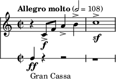  << \new Staff \relative c' { \clef treble \time 2/2 \key c \major \tempo "Allegro molto" 2 = 108 r4 c8\f-> f a4-> b-> | c1->\sf } \new RhythmicStaff { \clef bass f4_"Gran Cassa"\ff r4 r2 | r1 } >> 