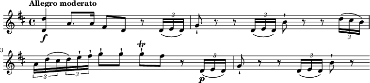 
\relative c' {
\version "2.18.2"
\key d \major
\time 4/4
\tempo "Allegro moderato"
\tempo 4 = 70
<d d'>4\f a'8. a16 fis8 d r8 \tuplet 3/2 {d16 (e d)}
g8-! r8 r8 \tuplet 3/2 {d16 (e d)} b'8-!  r8 r8  \tuplet 3/2 {d16 (cis b)}
 \tuplet 3/2 {a16 d (cis} \tuplet 3/2 {d) e-! fis-!} g8-! g-! g-! \trill  fis  r8
\tuplet 3/2 {d,16\p (e d)} g8-! r8 r8 \tuplet 3/2 {d16 (e d)} b'8-! r8
}
