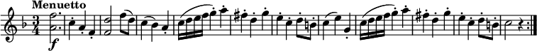 
\relative c' {
   \version "2.18.2"
   \clef "treble" 
   \tempo "Menuetto" 
   \key f  \major
   \time 3/4
  <a' f'>2. \f 
  c4-. a-. f-.
  <f d'>2 f'8 (d)
  c4 (bes) a-.
  c16 (d e f g4-.) a-.
  fis-. d-. g-.
  e-. c-. d8-. b-.
  c4 (e) g,-.
  c16 (d e f g4-.) a-.
  fis-. d-. g-.
  e-. c-. d8-. b-.
  c2 r4 \bar ":|."
}
