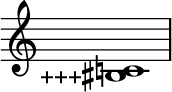 { \magnifyStaff #3/2 \omit Score.TimeSignature \relative c' <c! \tweak Accidental.stencil #ly:text-interface::print \tweak Accidental.text \markup { \concat { \lower #1 "+++" \sharp}} bis>1
}