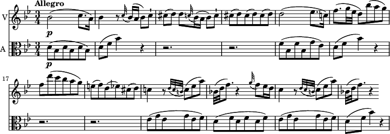 
<< \new Staff \with { instrumentName = #"V"}  
     \relative c'' {
    \version "2.18.2"
    \key bes \major 
    \tempo "Allegro"
    \time 3/4
    \tempo 4 = 120
    \set Score.currentBarNumber = #11
   bes2 \p (c8. a16)
   bes4 r8 \grace c32 ( bes16) (a bes8) c-!
   cis (d) d  \grace c!32 (bes16) (a bes8) c-!
   cis (d) cis (d) cis (d)
   d2 (ees8. c!16)
   f8. (g32 ees d8) bes'8 (a g)
   f d' (c bes a g)
   e (f) d (ees) cis (d)
   c!4 r8  \acciaccatura {d32 c b} c8 (ees a)
   bes,!32 (d f8.) r4  \grace g32 (f8) ees16 d
   c4 r8 
   \acciaccatura {d32 c b} c8 (ees a)
   bes,!32 (d f8.) r4
}
\new Staff \with { instrumentName = #"A "} \relative c' {
    \key bes \major 
    \clef "alto"
     d8 \p (bes d bes d bes)
     d (f bes4) r
     r2. r2.
     f8 (bes, f' bes, g' ees)
     d (f bes4) r  r2. r2.
     ees,8 (g ees g ees f)
     d8 ( f d f d f)
     ees (g ees g ees f)
     d (f bes4) r
}
>>
