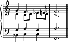 
\new PianoStaff <<
  \new Devnull {
    \omit Score.MetronomeMark \tempo 4=60
    \omit Score.TimeSignature \time 3/4 s2.*2 \bar "||"
  }
  \new Staff \fixed c' {
    << { g4 f4. e8 | f2. | } \\ { d4 c8[ d] ees d | c2. | } >>
  }
  \new Staff \fixed c {
    \clef bass
    << { g4 a g | a2. | } \\ { bes,4 c c | f,2. | } >>
  }
>>
