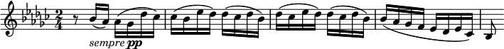 
<<
\relative c'' {
    \version "2.18.2"
    \key ges \major
    \time 2/4
    \tempo ""
    r8 bes16(_\markup { \italic sempre \dynamic pp } aes) aes( ges des' ces)
        ces( bes es des) des( ces des bes)
        des( ces es des) des( ces des bes)
        bes( aes ges f es des es ces)
        bes8
}
>>
